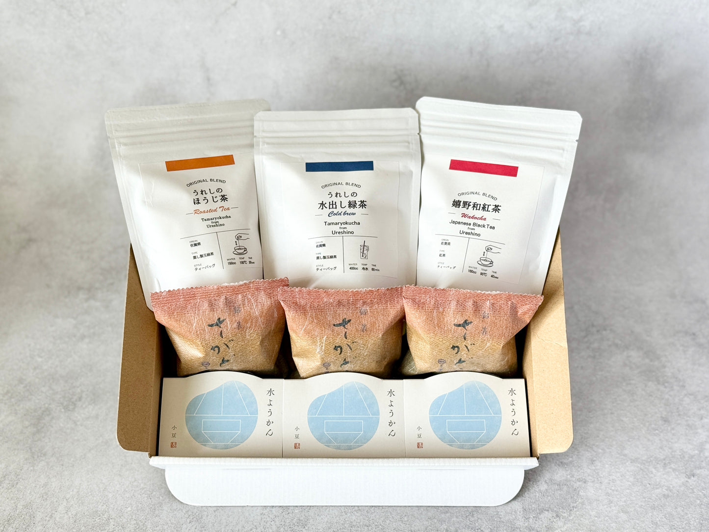 さがんおやつセット<華やぎ>お茶3種・どら焼き・水ようかん
